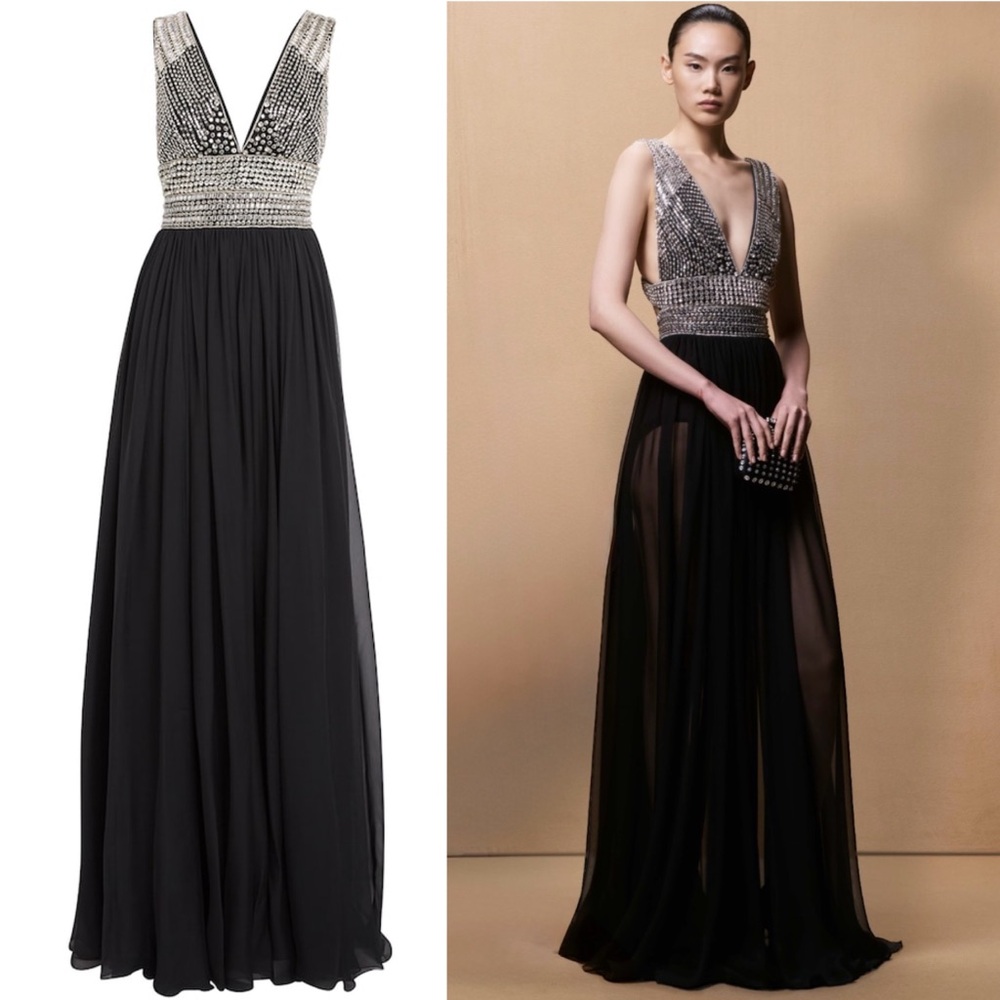 ZUHAIR MURAD Silk Chiffon Embroidered Gown Black Maxi Grown